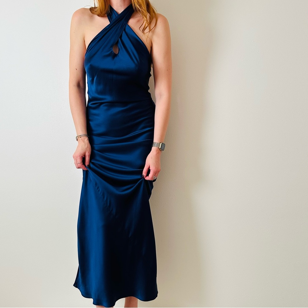 New Amanda Uprichard Jade Silk Dress Navy Maxi Halter Open Back - Picture 4 of 13